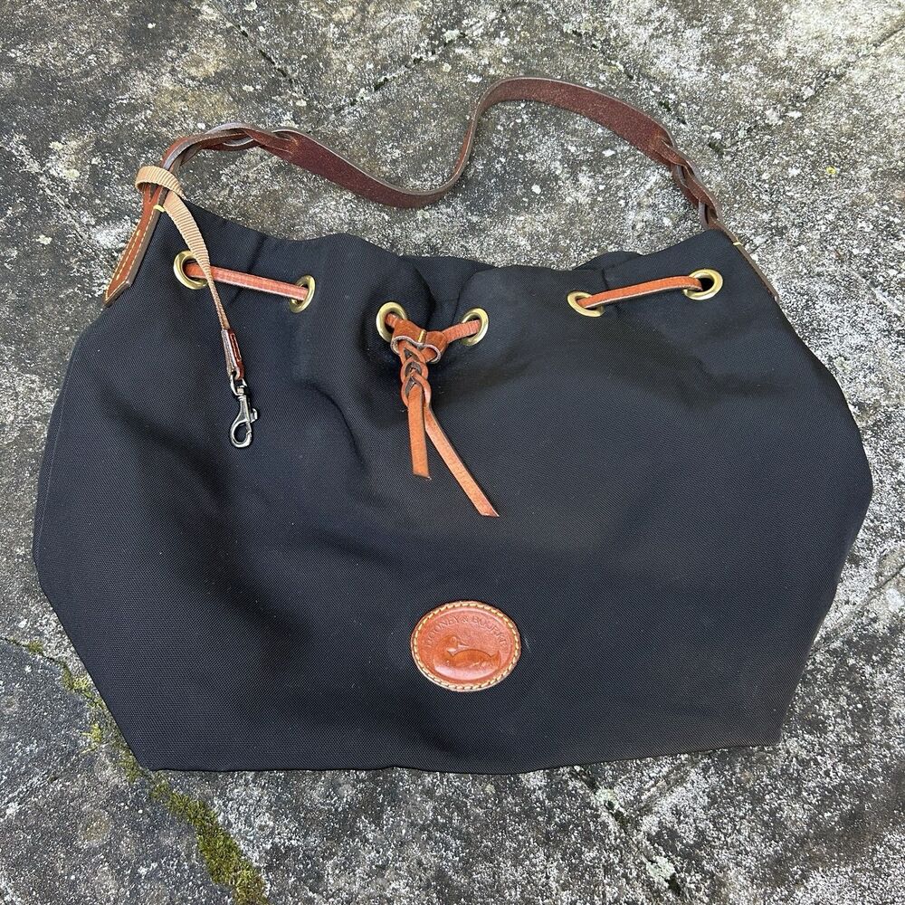 Dooney & Bourke Black Nylon Drawstring Shoulder Bag Bucket Purse Leather Trim